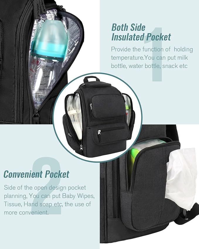 Mancro Diaper Bag Backpack, Extra Large Capacity Baby Diaper Backpack with 2 Insulated Pockets and Stroller Strap, Water Resistant Mens Diaper Bag for Travel,Black