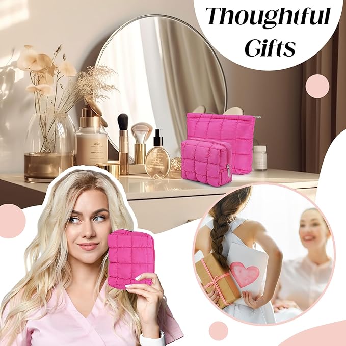 2 Pcs Puffy Makeup Bag Quilted Cosmetic Pouch for Women Cute Checkered Travel Toiletry Bag Puffer Makeup Organizer Purse Pouch Preppy Pencil Case with Zipper(Hot Pink)