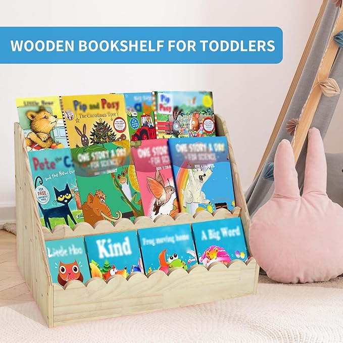 OCMML Kids Bookshelf-3-Tier Wooden Book Shelf for Kids Rooms,Nursery&Toddlers Montessori Bookcase with Deep Storage Pockets, Baby Book Storage,Children's Bookshelf for Nursery&Bedroom (Large)