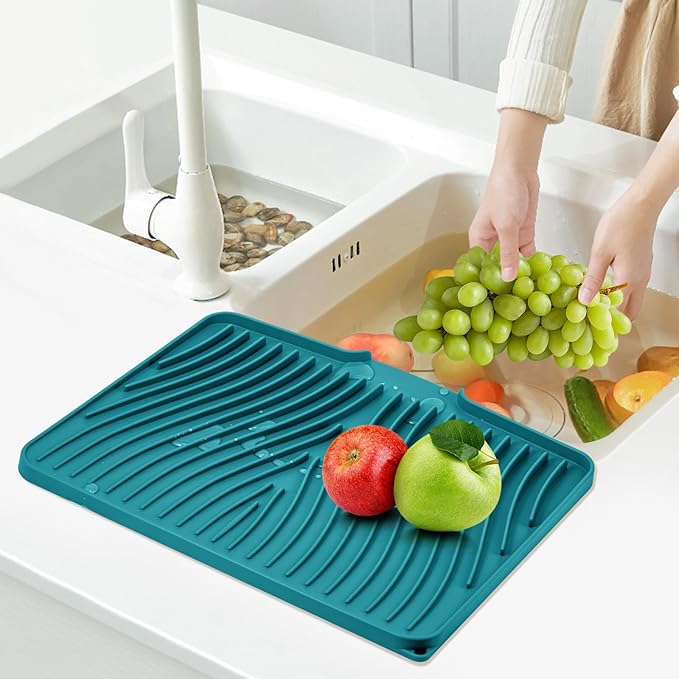Silicone Dish Drying Mat for Kitchen Counter, Dish Drying Pad, Non-Slip Drain Pad with Built-in Drain, Heat Resistant Stone Drying Mat(16" x 12", Green)