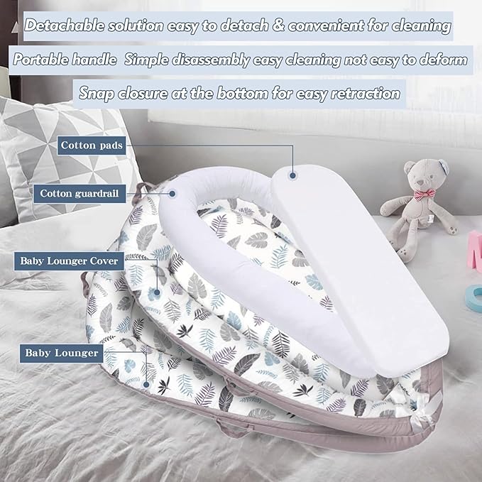 HOUSEYUAN Baby Lounger Replaceable Cover Baby Nest Backup Cover 100% Cotton Breathable Machine Washable (Gray Leaves)