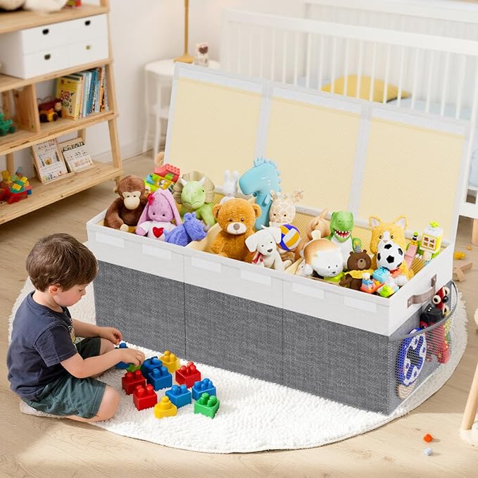 Dayacoco Extra Large Toy Box Chest with Lids, Collapsible Sturdy Kids Toy Storage Organizer Boxes for Boys Girls, Collapsible Sturdy Toys Chest Storage Organizer Bin Basket,40"X14"X16", Gray & White