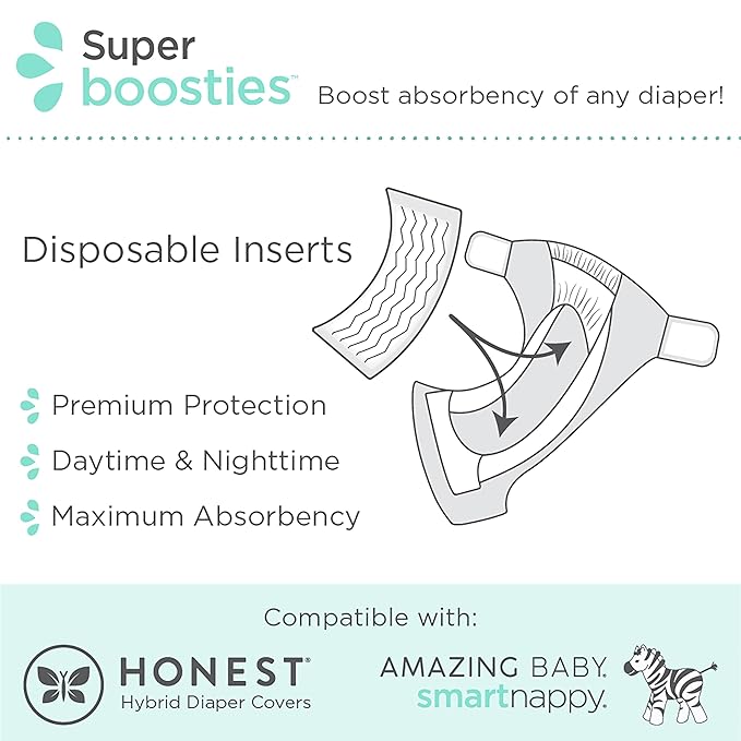Overnight Diaper Leak Stopper, Super Boosties Disposable Inserts, Use with Pampers Sizes 4-6, Honest Hybrid Diaper Cover Sz Med/Large, Amazing Baby Cover Sz 3/4, 4.3x13 in, 90 Count