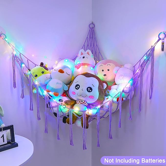 Basumee Stuffed Animals Net or Hammock with LED Light, Hanging Stuffed Animals Storage Toy Hammock Net Corner Wall Girls Room Decor Toy Storage Organizer, Purple, L