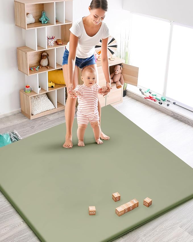 Padded Baby Play Mat for Floor,1.2" Thick 50x50 Play Crawling Mat with Removable Washable Cover,Non Slip Soft Nursery Rug for Toddlers,Infants,Kids, Easy to Clean Yoga Mat, Sage Green