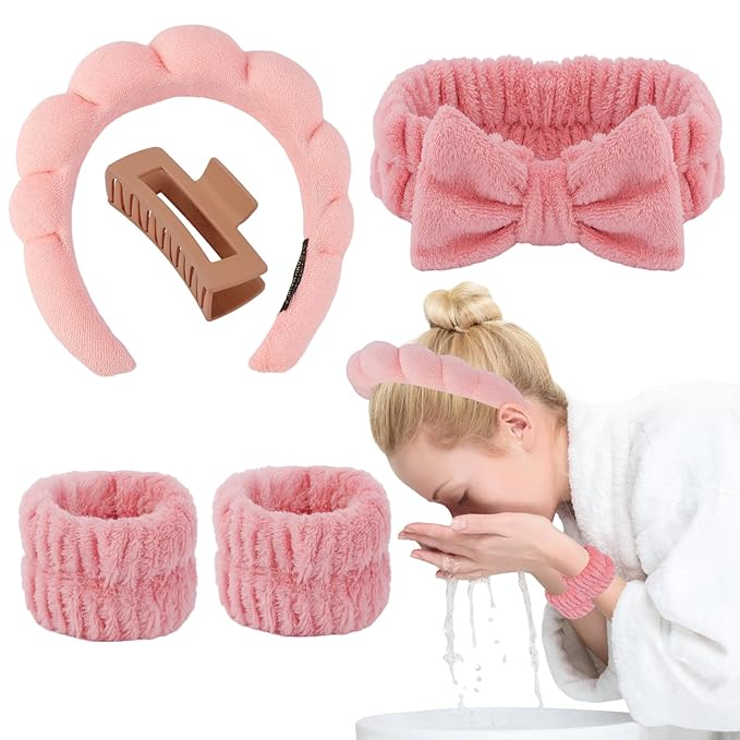 Canitor Spa Headband Wrist Bands Set with Hair Clips Skincare for Washing Face Skin Care Puffy Makeup Headband Preppy Teen Girl Gifts Cute Trendy Stuff Hair Accessories for Women