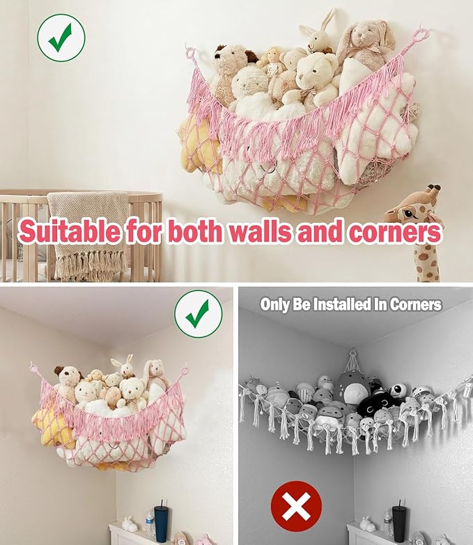Stuffed Animal Net Hammock, Premium Cotton Hand-knitted plush hammock, Save space Eliminate Clutter Boho Stuffed Animal Storage with for Nursery, Bedroom Decor - Light pink