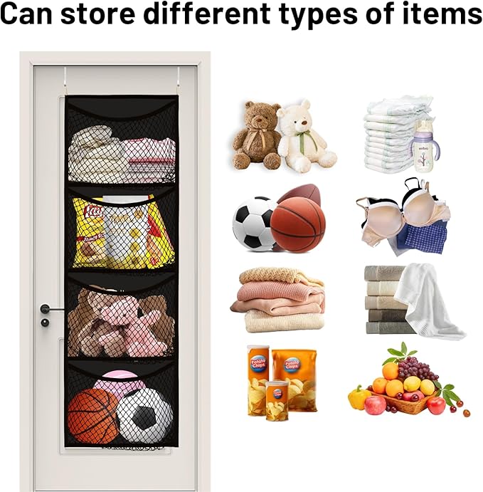Ofiray-home Over The Door Stuffed Animal Storage, Cotton Toy Organizer for Storage Plush Toys, Stuffed Animal Holder with 4 Large Pockets, Hanging Door Organizer for Nursery, Bedroom (Black)