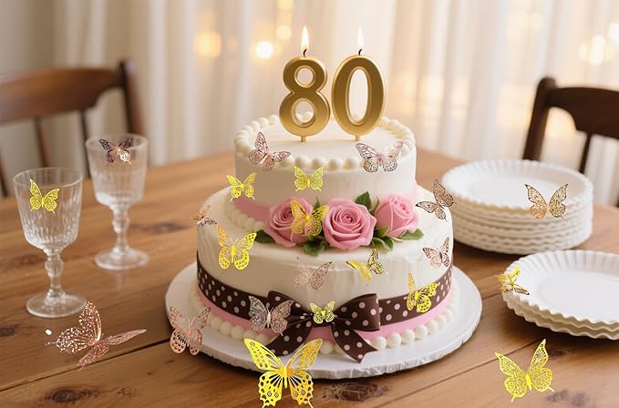 JOSDIOX 3D Reflective Dot - Patterned Gold & Gold Rose Butterfly Wall Stickers - 24 Pcs with 4 Styles & 3 Sizes, Removable Decor for Party Birthday Wedding Cake Balloon Decoration (Golden/Rose)