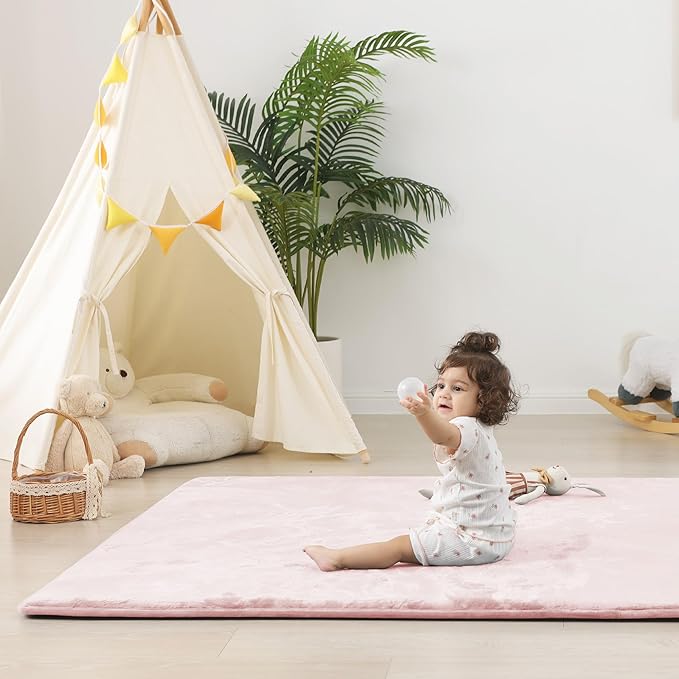 1.5" Thick Baby Play Mat for Floor, 59x79 Playpen Mat, Pro Soft Flannel Foam Mats Toddler Infant Kids Crawling for Nursery Rug Playroom Living Room Waterproof Easy Care Non-Slip (Baby Pink)