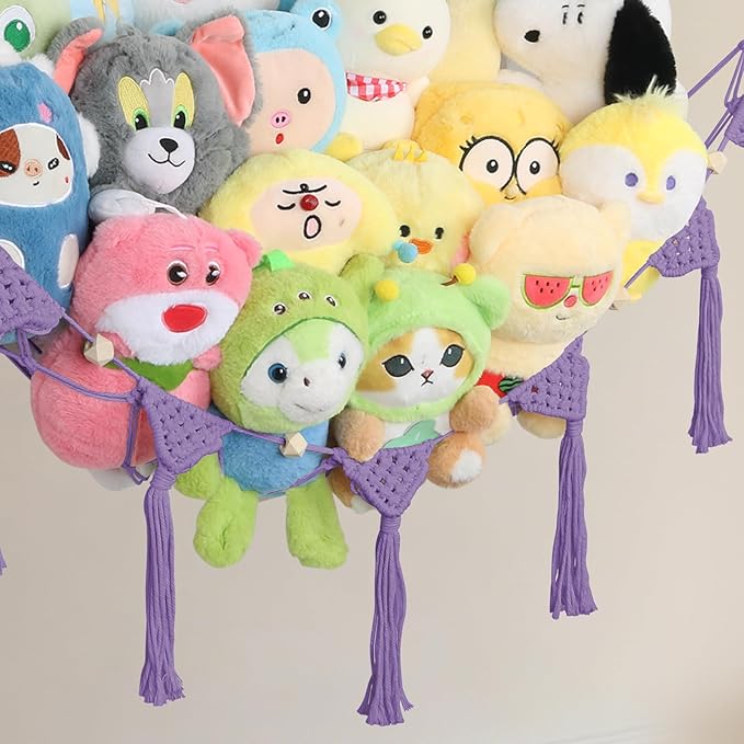 Stuffed Animal Net Hammock Corner, 57 Inch Large No Drilling Handcrafted Toy Hammock Plushie Net, Natural 100% Cotton Boho Macrame Stuffy Storage Toy Net Organizer for Kid Room Nursery Decor(Purple)