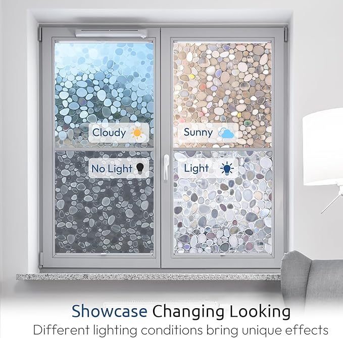 rabbitgoo Window Privacy Film, Decorative Rainbow Window Clings for Glass Covering, Static Cling Non Adhesive Door Stickers UV Blocking, Stained Glass Vinyl Decal, 3D Pebble, 17.5 x 78.7 inches
