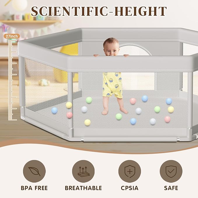 Hiaksedt Large Baby Playpen 65x65 Inch, PlayPen for Babies and Toddlers Hexagonal Type Baby Play Yards for Indoor & Outdoor with Breathable Mesh Anti-Fall
