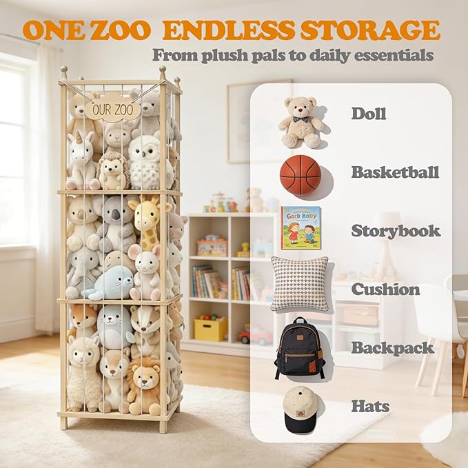 Stuffed Animal Storage Zoo - 54 Inch Large Wooden Toy Organizer | Anti-Tip Design Plushie Storage Rack for Nursery & Playroom | Easy Assembly