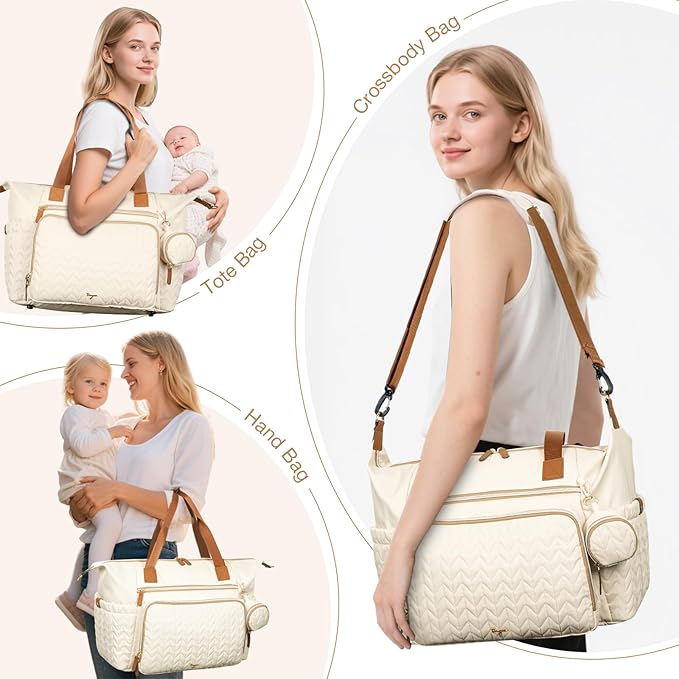 Tonyeee Diaper Bag Tote, Large Baby Diaper Bags Waterproof, Hospital Bag for Labor Delivery with Pacifier Case, Changing Pad, Shoulder Strap, Beige