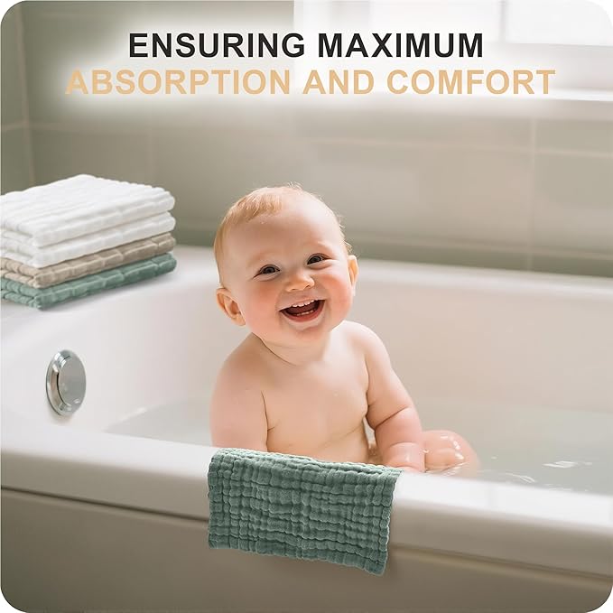 Cuddle Campus Baby Washcloths 6 Packs, Muslin Washcloths Baby,Cotton Burp Cloths, Extra Absorbent and Soft Wash Clothes for Newborns, 12x12 Inches