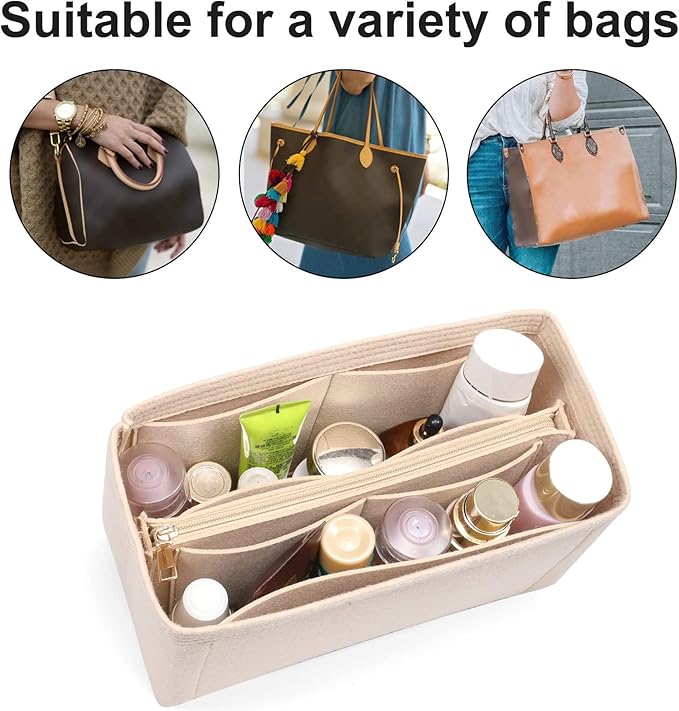 Doxo Purse Organizer Insert for Handbags & Base Shaper 2pc Set with Zipper, Felt Bag Organizer for Tote, Purse Organizer for LV Speedy 25, Neverfull PM, Le Pliage S Handbag and More(Brown-006)