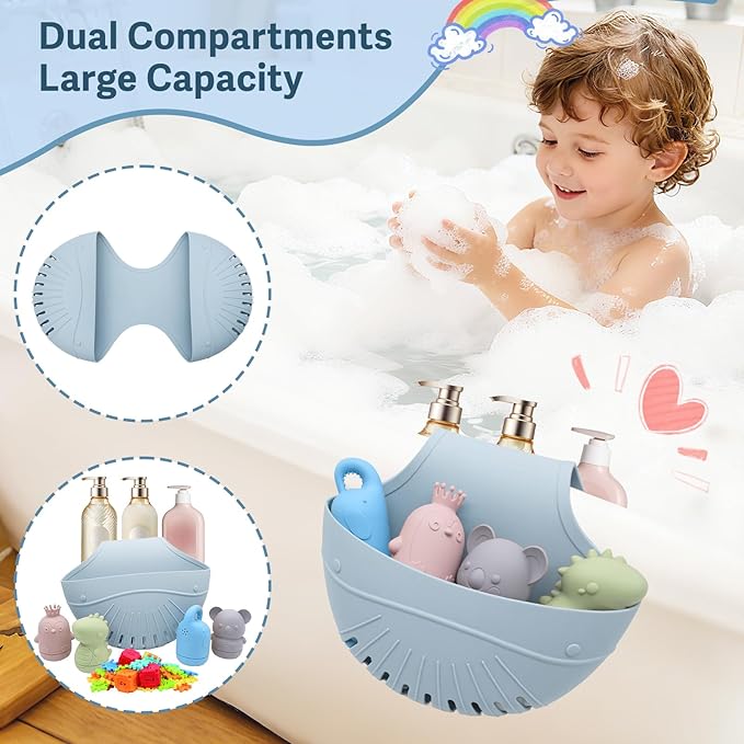 Silicone Bath Toy Organizer for Tub, Flexible 2-Compartment Bathtub Storage Basket for Kids & Adults, Drainable Toy Holder and Foldable Shower Caddy for Bathroom Essentials(Blue)