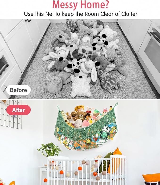 Stuffed Animal Hammock - Extra Large 63'' Long, Stuffed Animal Storage, stuffed animal Holder net, Hammock Large, Storage Hanging Organizer - green-white
