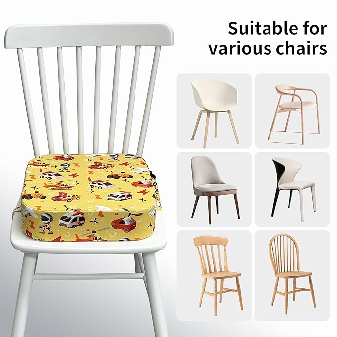 Toddler Booster Seat for Dining Table, Waterproof Kids Booster Seat for Kitchen Chair, High Density Foam Cushion with Non-Slip Bottom, Washable Cover & Adjustable Straps (Car)