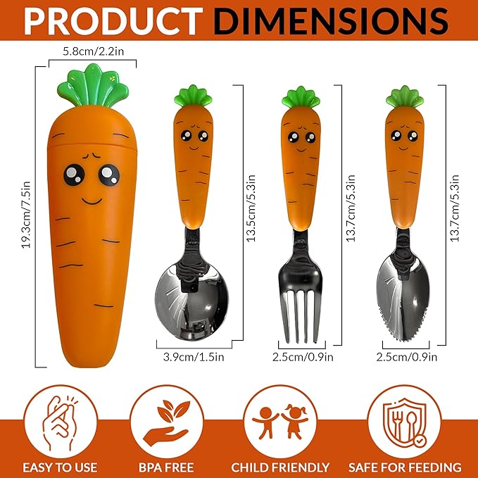 Carrot-Shaped Kids Cutlery Set – 3-Piece Toddler Utensil Set with Spoon, Fork & Fruit Scraper Spoon – Fun Baby Utensils with Carrot Handle and Matching Storage Case