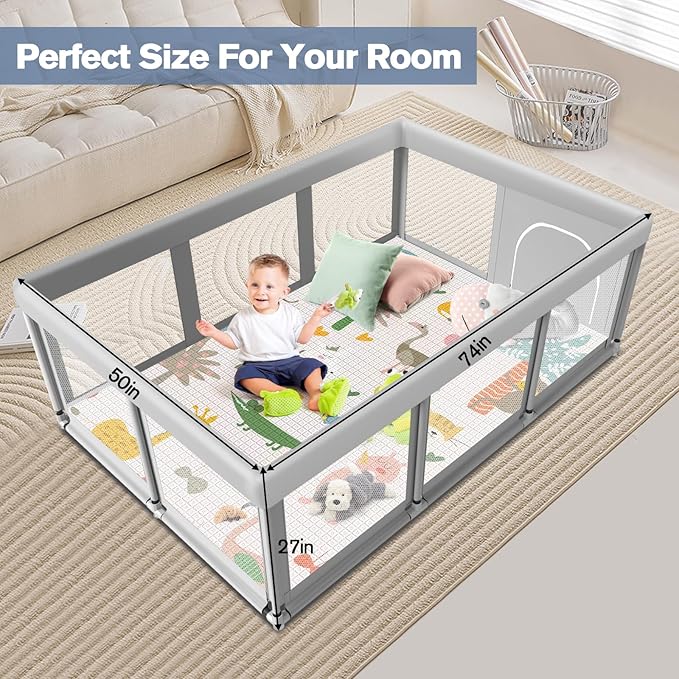 Baby Playpen with Mat 74" ×50", Large Play Yards Indoor & Outdoor, Sturdy Safety Baby Play Pen with Soft Breathable Mesh, Toddlers Play Pen with Anti-Slip Base, Waterproof Mat Included