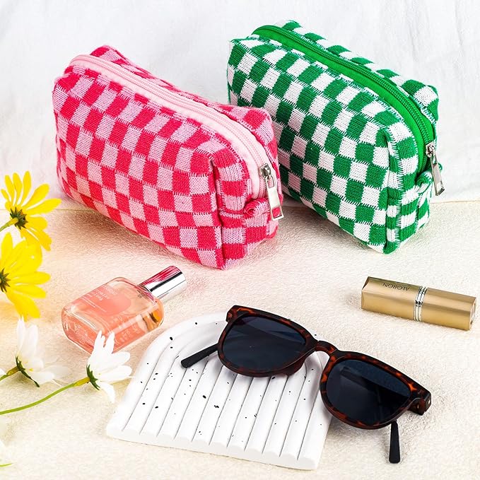 ZLFSRQ 2Pcs Checkered Pencil Case Cute Pencil Pouch for Teens Checkered Makeup Bag Medium Travel Cosmetic Bag Preppy Makeup Pouch for Purse Aesthetic Zipper Toiletry Bags Organizer(Pink/Green)