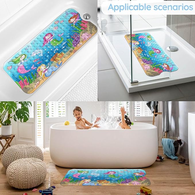 KINUUIS Bathtub Mats for Kids, Sea Ocean Mermaid Bath Mat for Tub Non Slip, 40 X 16 Inch Large Washable Bathtub Mat Non Slip for Showers with Drain Holes and Suction Cups