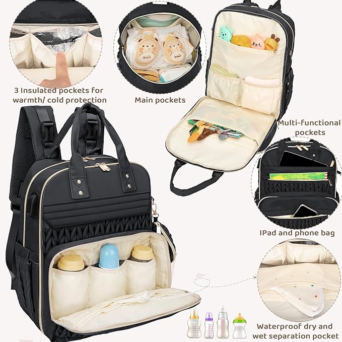 CandyHome Diaper Bag Backpack, Stylish Travel Baby Diaper Bags with Changing Pad, Insulated Pockets, Waterproof Baby Bag Converts into Tote Bag, Diaper Backpack, Stroller Bag (Black)