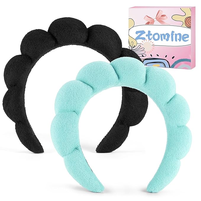 Spa Headbands for Washing Face or Facial, Set of 2 Skincare Headbands, Terry Cloth Headband Wash Combo Pack - Puffy Makeup Washing, Mask, Skin Treatment (Black & Turquoise)