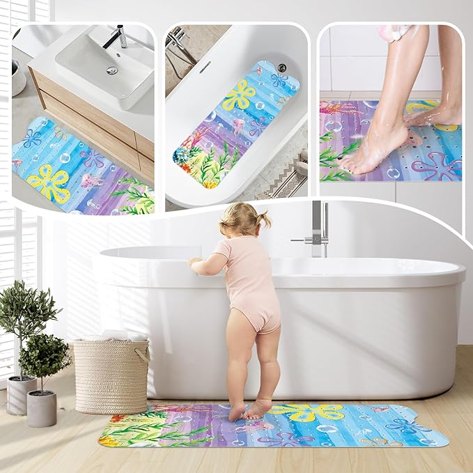 SHUCHING Beach Ocean Sea Baby Bath Mat for Tub Non Slip-40 X 16Inch, Kids Bathtub Mat Anti Slip, Toddler Long Shower Mat for Bathroom Mold Free, Machine Washable