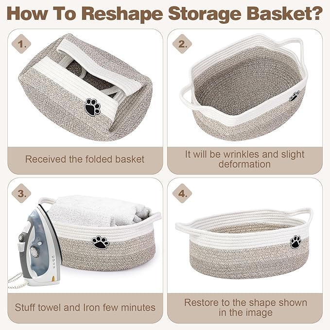 Dog Toy Basket, Toy Box and Bin for Dog Cat Storage, 13.5" X 11" X 5" Small Woven Rope Basket for Baby Storage, Closet, Living Room, White & Brown