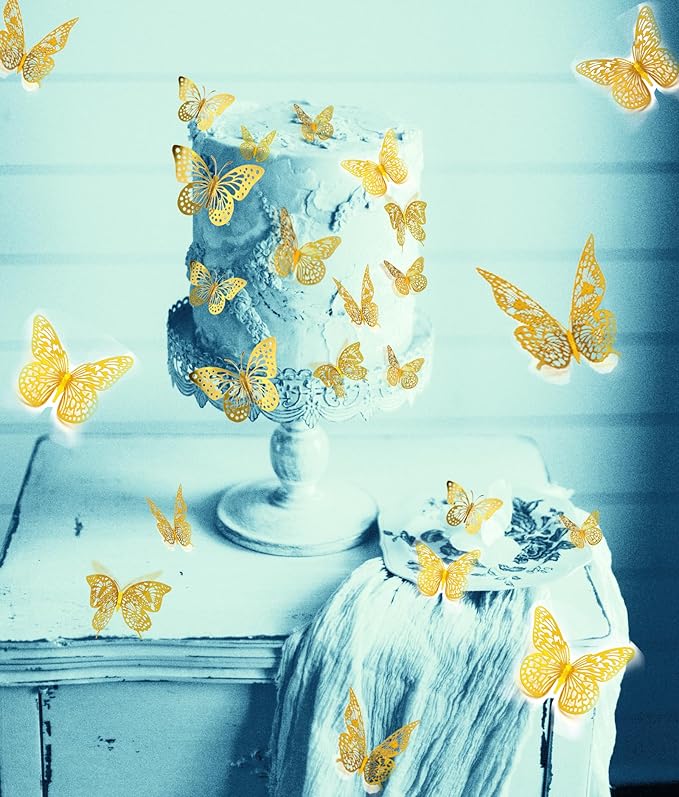 JOSDIOX 3D Butterfly Wall Decor Sticker -48 Pcs, 4 Styles, 3 Sizes Gold Butterflies Decoration for Party, Birthday & Wedding Celebrations, Cake Decorating, Balloons, Removable Stickers.