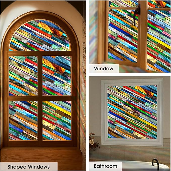 SUNBABY Stained Glass Window Privacy Film: 3D Decorative Christmas Static Clings, Vintage Windows Decals Day and Night Privacy, Home Bathroom Door Window Coverings for Winter,23.6 x 35.4 Inch