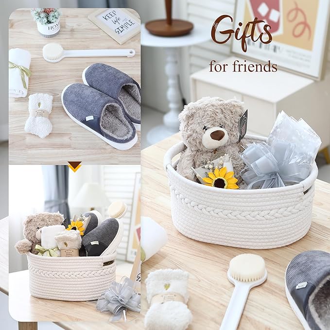 Sea Team Woven Cotton Rope Gift Basket with Gift Bags & Ribbons, Empty Storage Basket, Baby Shower Present, Pet Gift or Nursery Storage Bin, 13.4 x 9.1 x 7.1 Inches, White