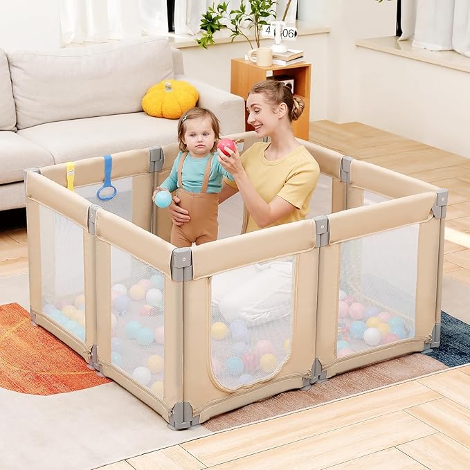 Dripex Small Foldable Baby Playpen, 49"x47" Small Space Play Yard for Travel - Portable Collapsible Play Pen for Babies, Indoor Outdoor Baby Fence, Beige