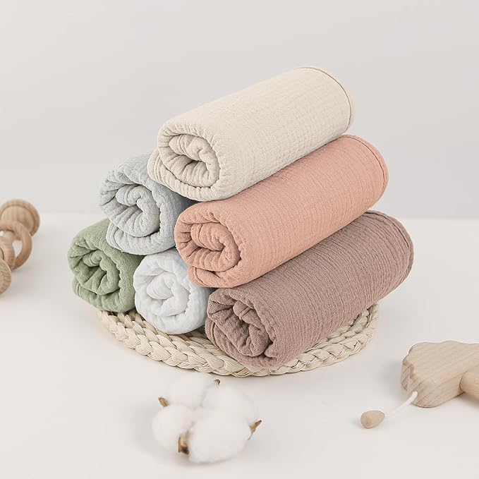 Bearmoss Muslin Burp Cloths, 100% Cotton Baby Burping Clothes, Large Extra Soft Absorbent for Unisex Newborn Boy and Girl, 20x10in, 6 Pack