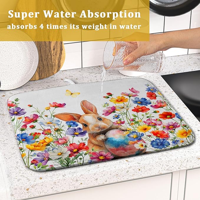 Spring Easter Rabbit Egg Dish Drying Mat for Kitchen Counter,Colorful Flowers Butterfly Drying Mat 16 x 18 Inch with High Absorbent Microfiber Drainer Mat for Coffee Bar