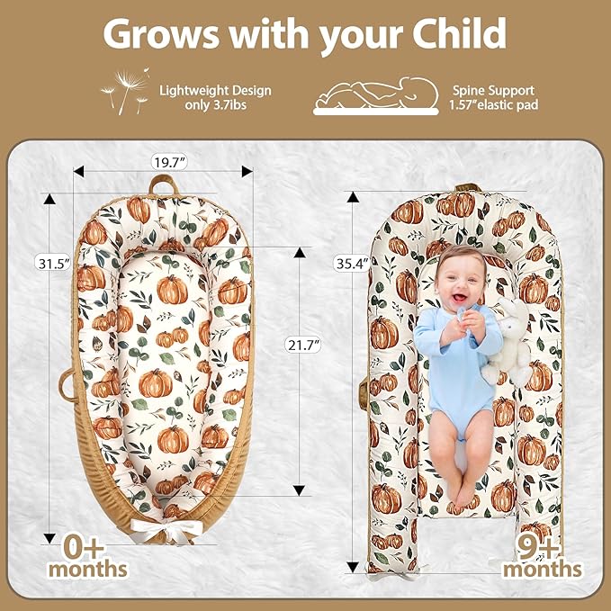 Baby Lounger-Breathable and Soft Organic 100% Cotton, Portable Infant Lounger with Removable Lounger Cover, Baby nest Lounger for Newborn - Punpkin