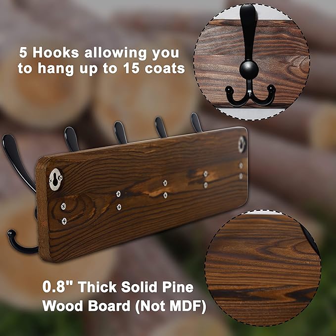 Dseap Coat Rack Wall Mount - Heavy-Duty Robust Barnwood-Style Wooden Wall Coat Hanger Hook Rail with 5 Triple Hooks for Winter Coats Hat Jacket Clothing, Weathered Blue & Black