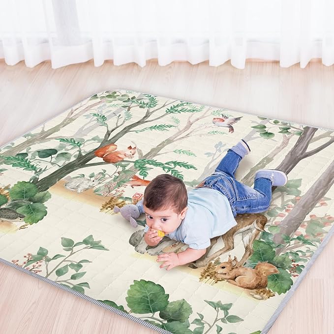 Funtery 43 x 43 Inch Boho Baby Play Mat Portable Crawling Washable Foldable Tummy Time Non Slip Baby Floor Large Playpen Mat for Infants Toddlers Floor Playpen Activity(Jungle Animal)