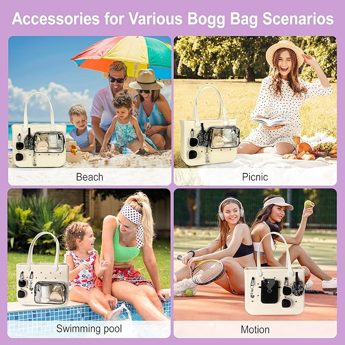 6PCS Compatible with Original Medium and Large Bogg Bag,Phone Holder for Inside and Outside of Bogg Bag Accessories,PVC Insert Bags,Hooks,and Keychain(Black)