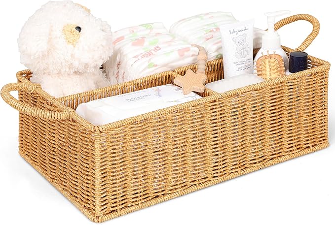 Diaper Caddy Organizer, Hand Rattan Nursery Baby Basket Changing Table Organizer for Baby Essentials, Baby Shower Gifts, Versatile Shelf Basket Bathroom/Kitchen Organizer (PE Rattan, L)