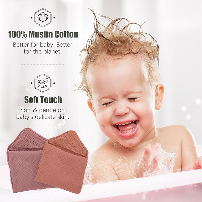 Spotted Play 2 Pack Hooded Baby Towels - 100% Muslin Cotton for Newborns, Infants, Toddlers - Large 32x32 Inch Size - Highly Absorbent and Essential for Newborn Care, Deep Bean Paste