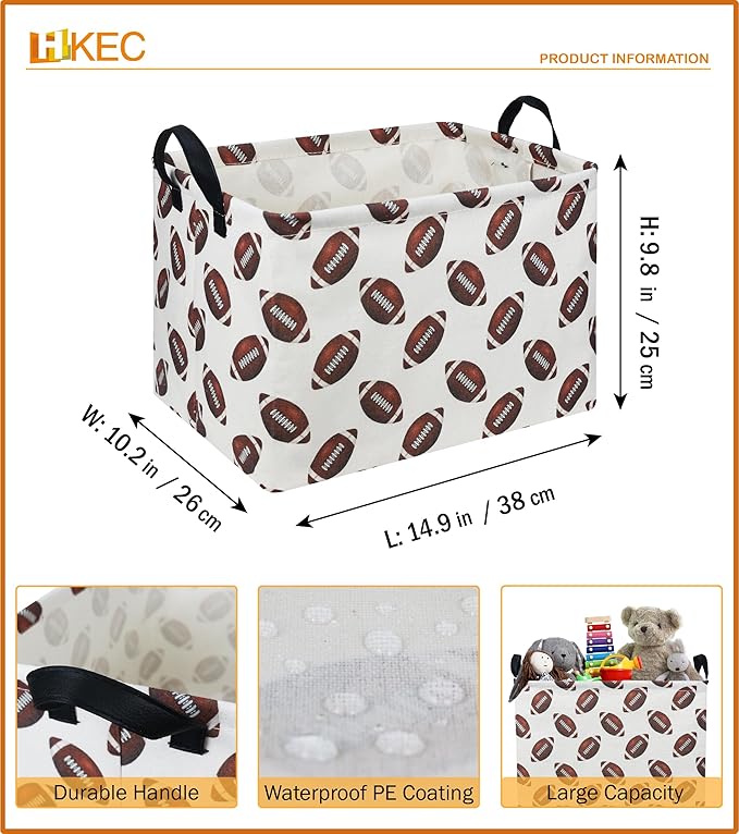 HKEC Rectangle Rugby Storage Basket with Handles, Collapsible Toys Bin, Cute Books Box,Room Decor(Rugby)
