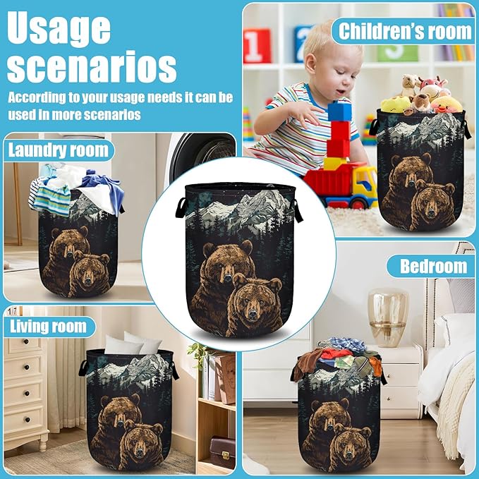 Brown Bear Mountain Laundry Basket, Laundry Hamper Collapsible Oxford Cloth with Handle Clothes Toy Storage Bin for Bathroom Laundry Room Bedroom 15.7 X 20 Inch