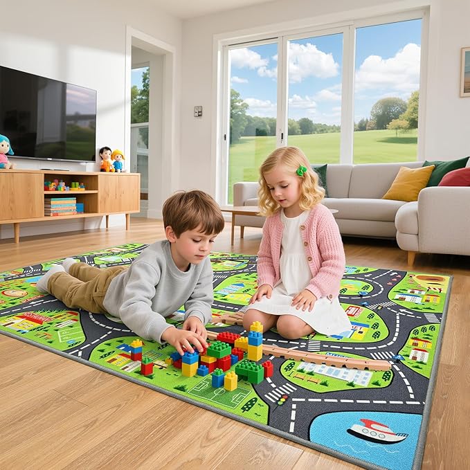 City Life Car Play Rugs, Educational and Fun Urban Road Play Mat for Kids, 72"x48" Non-Slip Playmat with Streets, Traffics & Buildings for Imaginative Play, Nursery and Playroom