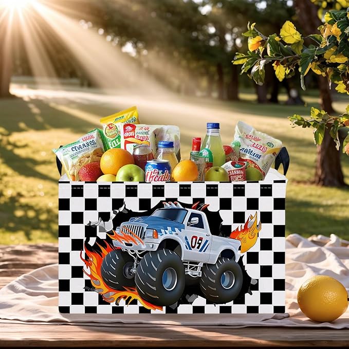 ASKETAM Racing Car Storage Basket Monster Truck Toy Book Shelf Basket Kid Room Decor Gift (Black and White Checkered)