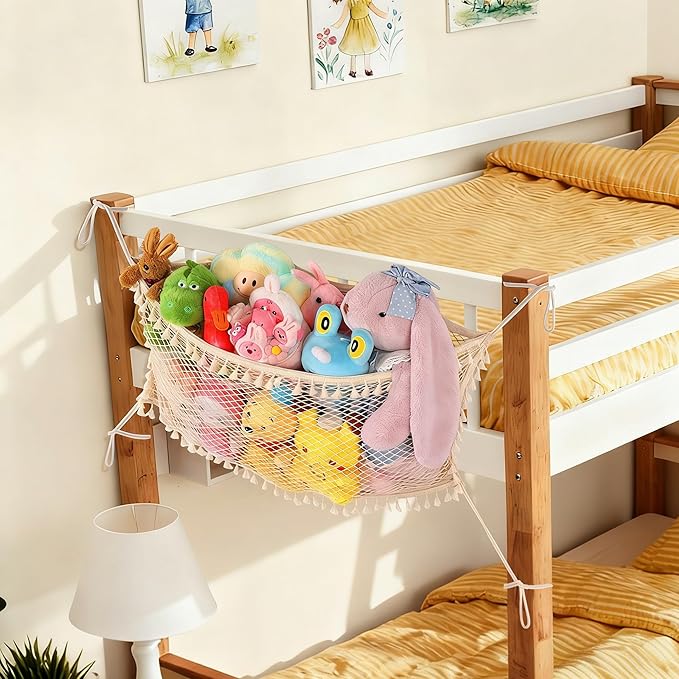 Stuffed Animal Storage Net, Large Bedside Toy Organizer Net, Cotton Plushie Toy Storage Hammock with Tether for Stuffed Animals Playroom Organization