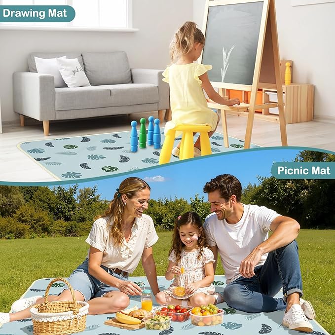 Baby Splat Mat for Under High Chair 51 x 51 Inch Large Waterproof High Chair Mat with Non Slip Bottom Food Catcher for Highchair Boy Girl Mat for Floor Machine Washable, Blue Leaves